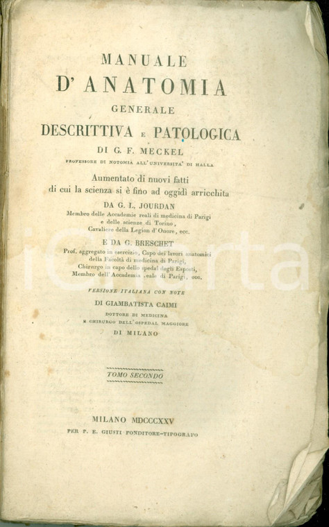 1825 Johann Friedrich MECKEL Manuale anatomia generale patologica TOMO SECONDO