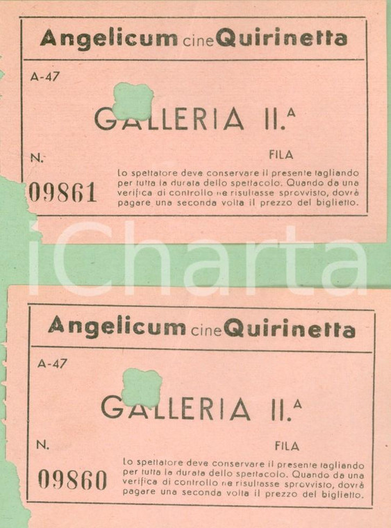 1950 ca ROMA Cinema Angelicum QUIRINETTA Lotto due biglietti galleria