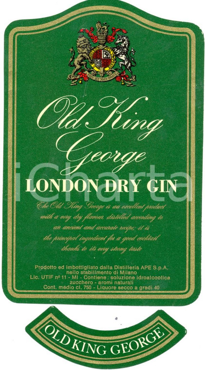 1970 ca MILANO OLD KING GEORGE London Dry GIN APE *Etichetta ILLUSTRATA Adesivo