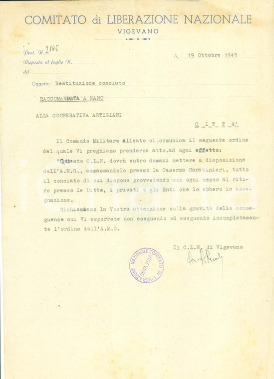 1945 VIGEVANO (PV) CLN deve fornire il conciato all'Allied Military Government