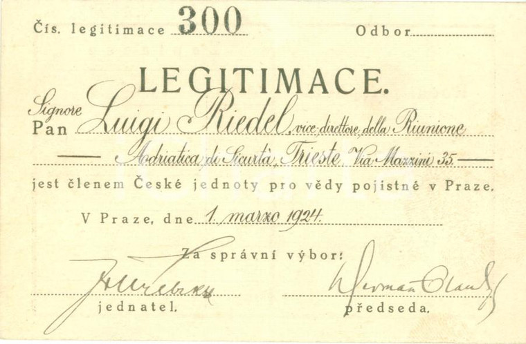 1924 PRAHA Luigi RIEDEL membro Associazione Ceca per le Scienze *Tessera