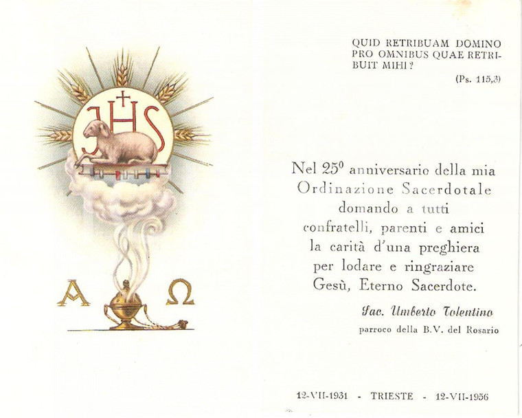 1956 TRIESTE Beata Vergine Rosario Don Umberto TOLENTINO 25° Sacerdozio *Santino