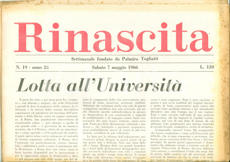 1966 RINASCITA Pietro INGRAO Antifascismo e lotta all'Università *Giornale