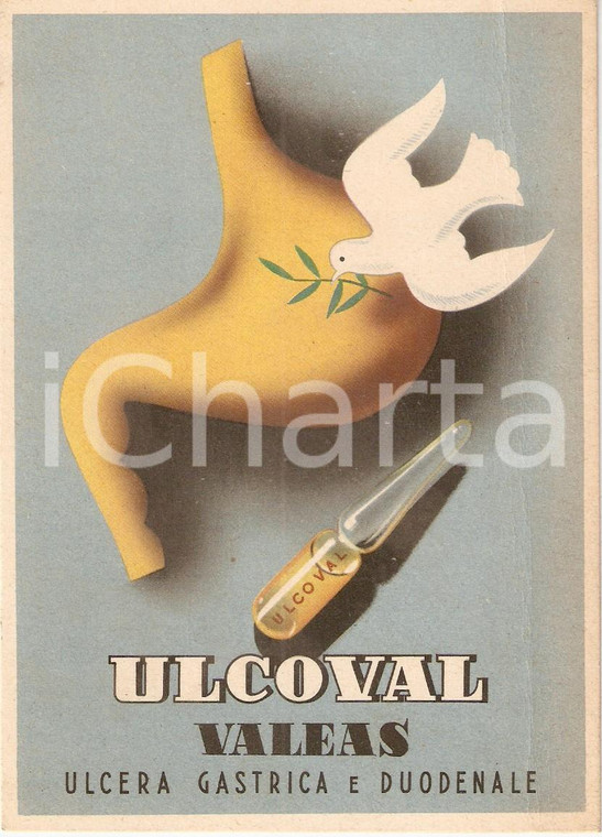 1950 MILANO Società VALEAS Fiale ULCOVAL Ulcera gastrica *Cartoncino ILLUSTRATO
