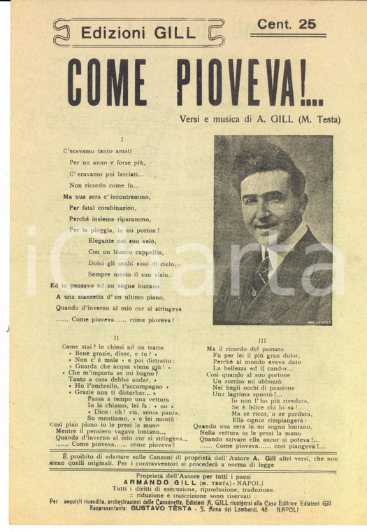 1918 Armando GILL Come pioveva!... *Volantino con spartito musicale