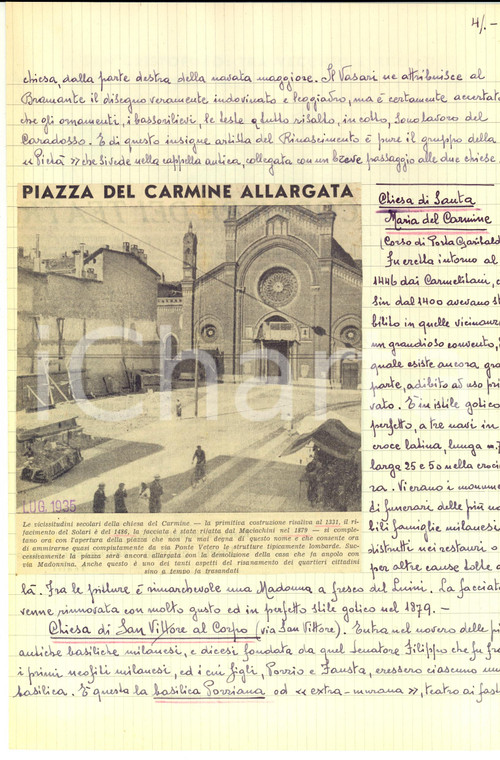 1952 MILANO Chiese e abbazie *Fascicolo manoscritto per enciclopedia 24 pp.