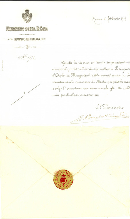 1907 Lettera a Celestino TORNIELLI per onorificenza *Emilio PONZIO VAGLIA