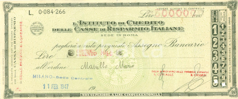 1947 MILANO Istituto Casse Risparmio Italiane 500.000 lire per Mario MASULLO