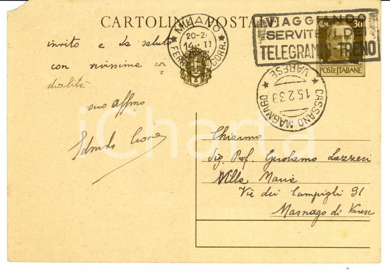 1939 MILANO Domenico Edmondo CIONE condoglianze a LAZZERI *Autografo