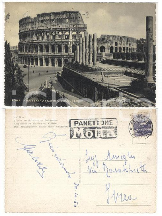 1950 ROMA Colosseo *Cartolina postale con TIMBRO PUBBLICITARIO Panettone MOTTA