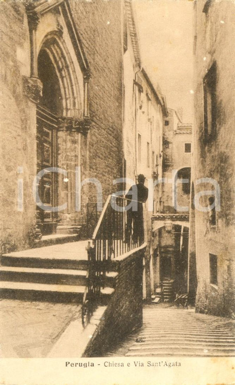 1917 PERUGIA Veduta della chiesa e di via SANT'AGATA *DANNEGGIATA Animata FP NV