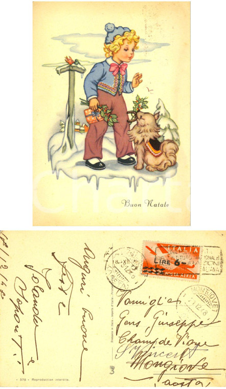 1948 Cartolina BUON NATALE bimbo con cane *Posta Aerea sovrastampato Lire 6