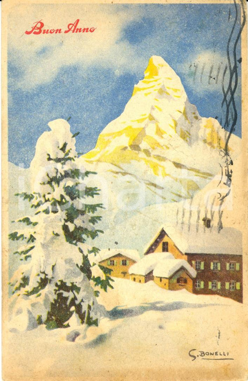 1952 BUON ANNO Paesaggio alpino innevato con baite *Cartolina ill. BONELLI FP VG