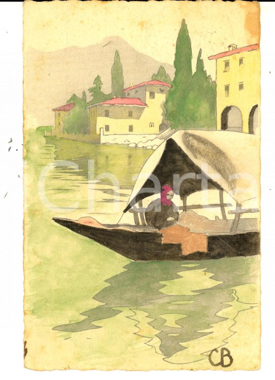 1937 ARTE Donna in barca *Cartolina DIPINTA A MANO Carla BRULLARD FP VG