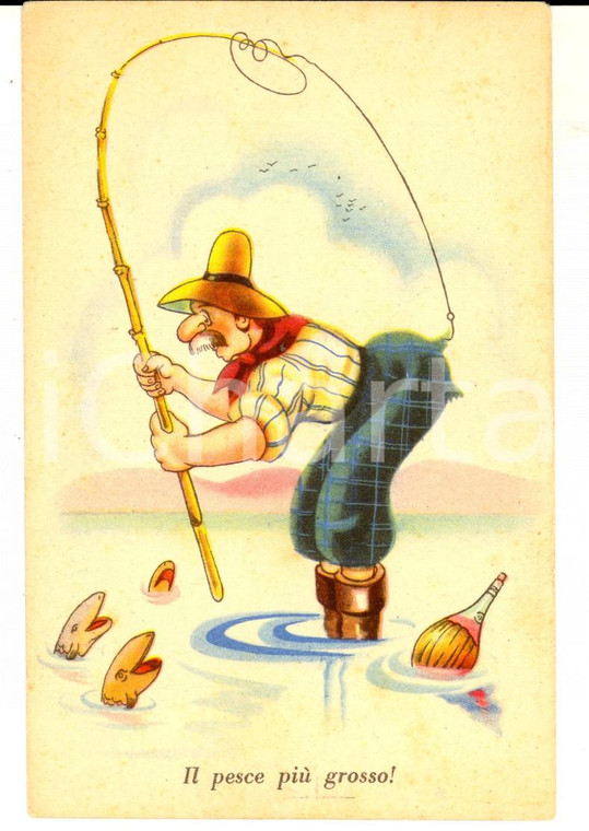 1930 ca COSTUMI Il pesce più grosso! *Cartolina SATIRICA ILLUSTRATA FP NV