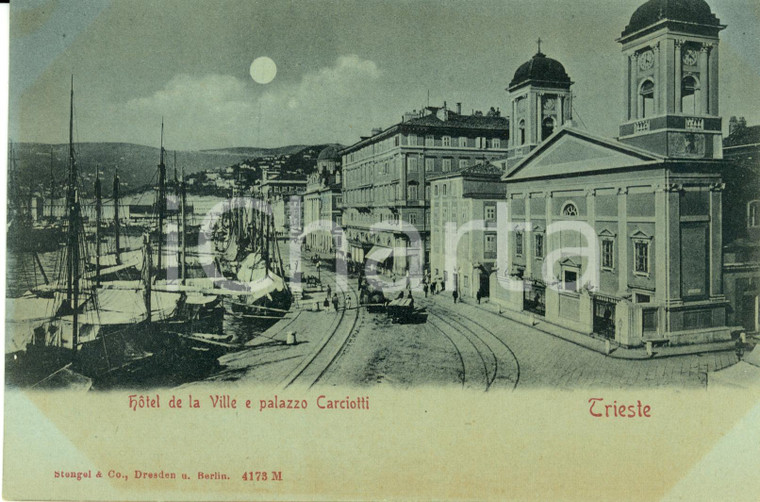 1900 ca TRIESTE HOTEL DE LA VILLE e Palazzo CARCIOTTI *Cartolina ANIMATA FP NV