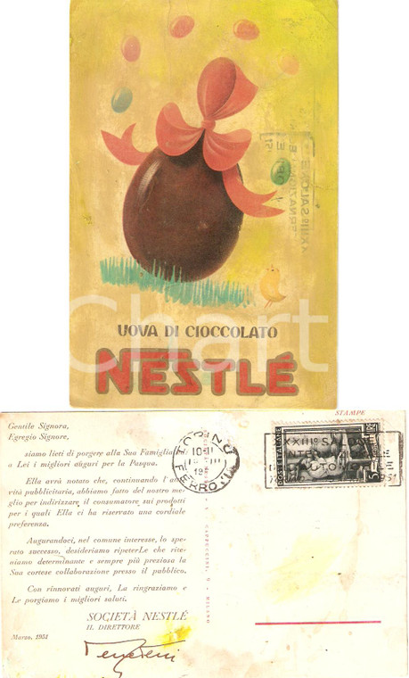 1951 TORINO Cioccolato NESTLE' augura buona Pasqua Cartolina ritoccata a mano FP