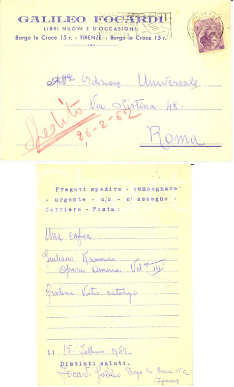 1962 FIRENZE Galileo FOCARDI richiede libro Giuliano KREMMERZ a UNIVERSALE *FG
