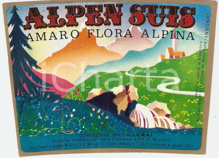 1970 ca MILANO Distilleria APE Amaro flora alpina ALPEN SUIS *Etichetta