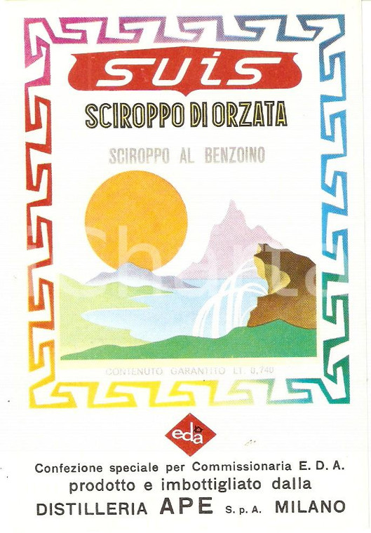 1970 ca MILANO Distilleria APE Sciroppo di Orzata Sciroppo di Benzoino Etichetta