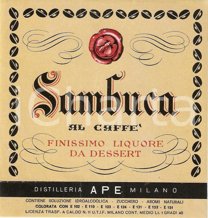 1970 ca MILANO Distilleria APE Liquore da dessert SAMBUCA *Etichetta