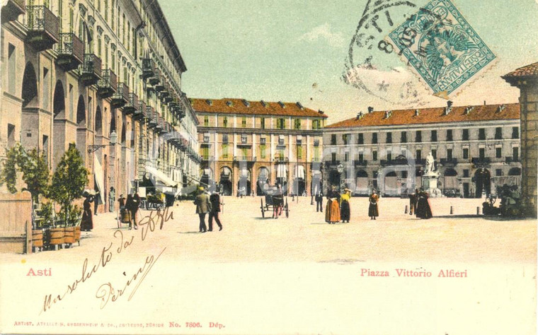 1905 ASTI Piazza VITTORIO ALFIERI con carrozza *Cartolina ANIMATA FP VG