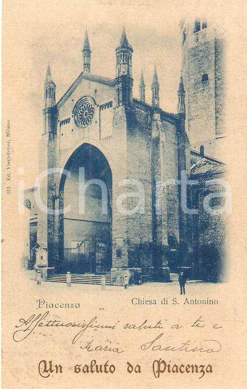 1902 PIACENZA La Chiesa di SANT'ANTONIO *Cartolina ANIMATA FP VG