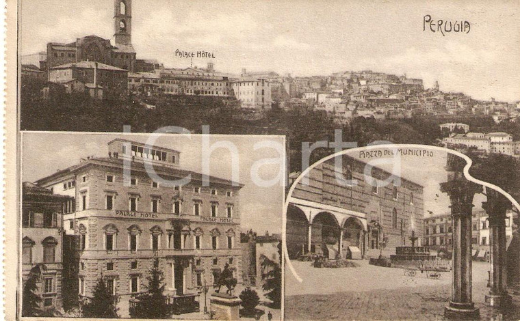 1920 PERUGIA Hotel PALACE e Piazza del Municipio - Vedutine *Cartolina FP VG