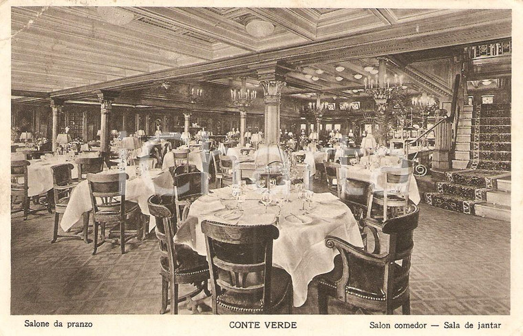 1932 LLOYD SABAUDO Transatlantico CONTE VERDE Salone da pranzo *Cartolina FP VG