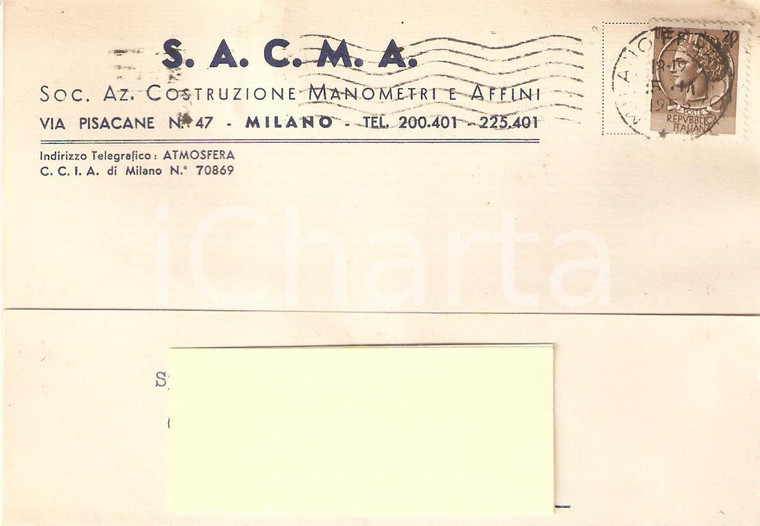 1955 MILANO Costruzione Manometri e Affini SACMA *Cartolina Commerciale