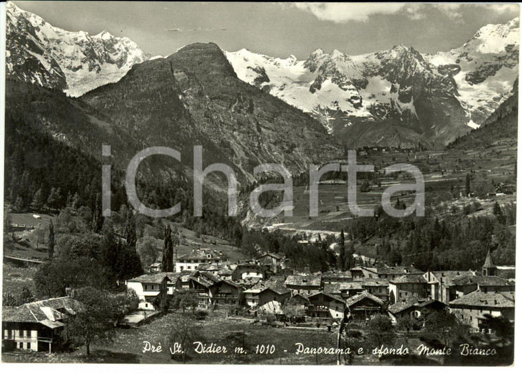 1955 PRE ST.DIDIER (AO) Panorama e sfondo Monte Bianco *Cartolina postale FG VG