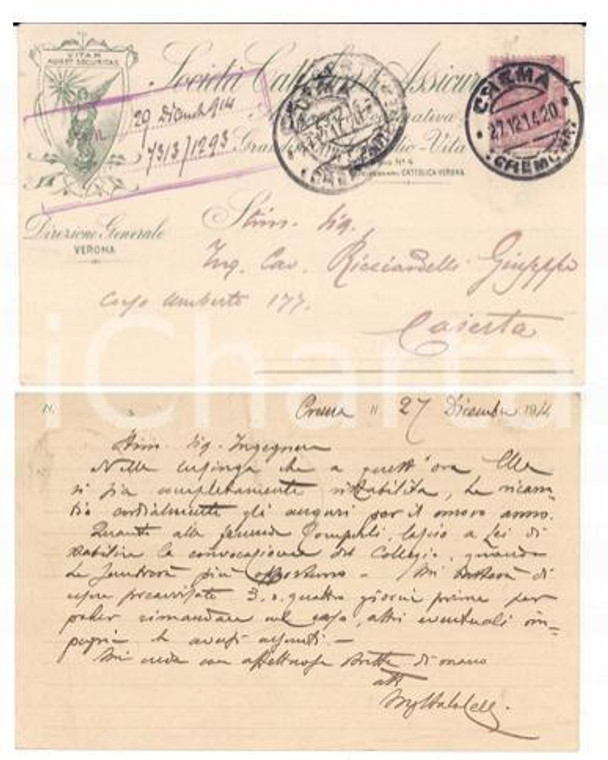 1914 CREMA Società ADRIATICA ASSICURAZIONI *Cartolina ing. Italo CELLI FP VG