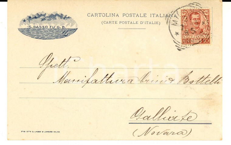 1903 MILANO Sebastiano BASSO fu G. B. Barili olio cocco *Cartolina INTESTATA FP 