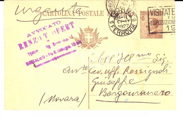 1927 TORINO Avv. Renzo OBERT allo zio Giuseppe ROSSIGNOLI *Cartolina postale