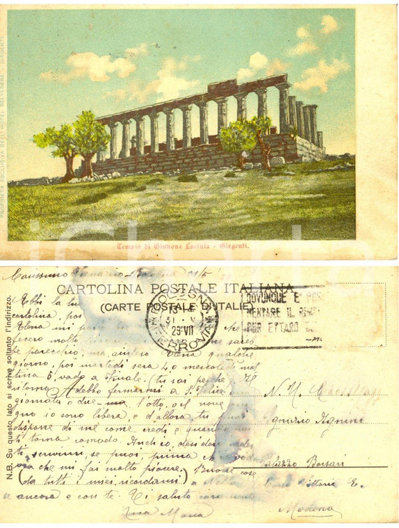 1929 AGRIGENTO Tempio di Giunone Lacinia *Cartolina a Ignazio AGNINI DANNEGGIATA