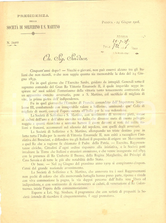 1908 DESENZANO DEL GARDA Società SOLFERINO E SAN MARTINO anniversario battaglia