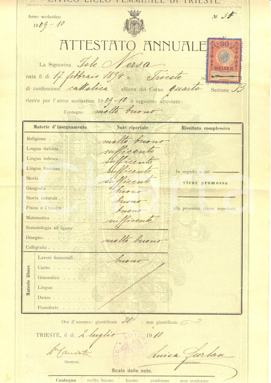 1910 TRIESTE Civico Liceo Femminile Pagella Iole NORSA *Documento
