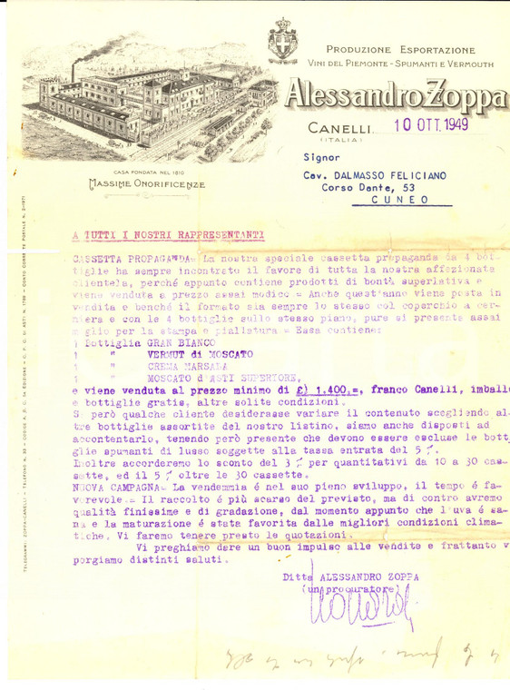 1949 CANELLI (AT) Vini del Piemonte Alessandro ZOPPA - Lettera ai rappresentanti