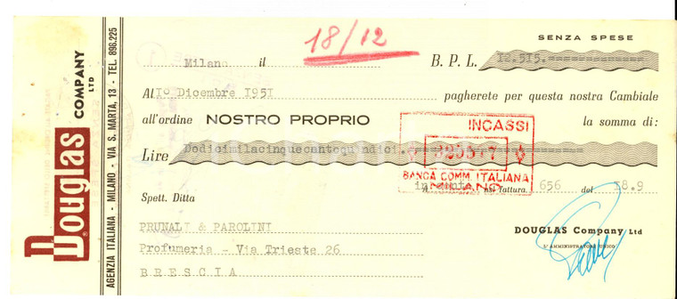 1951 MILANO Ditta DOUGLAS Agenzia italiana  *Assegno pubblicitario