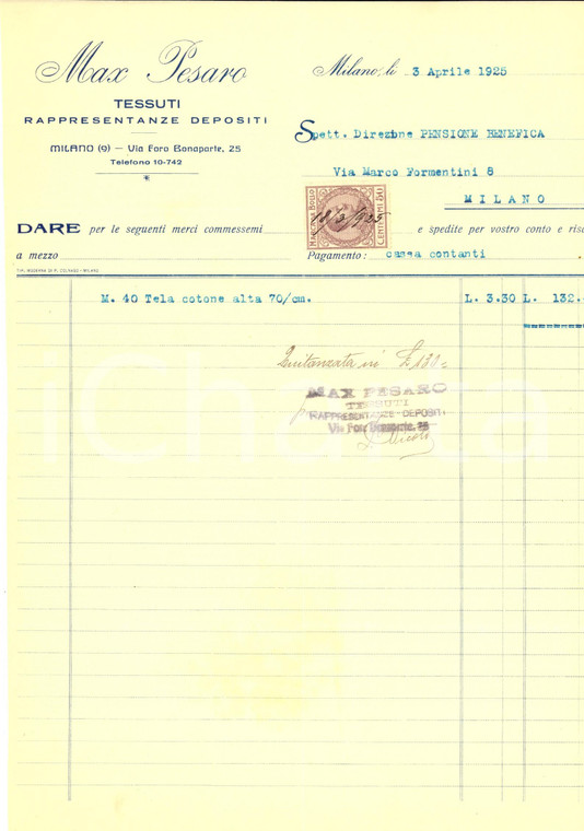 1925 MILANO Max PESARO Tessuti - Rappresentanze depositi *Fattura intestata