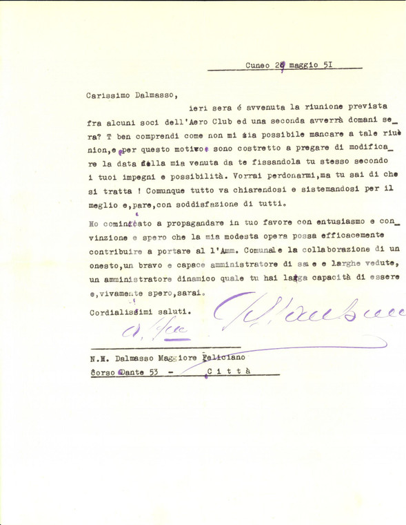 1951 CUNEO AERO CLUB Lettera pro maggiore Feliciano DALMASSO