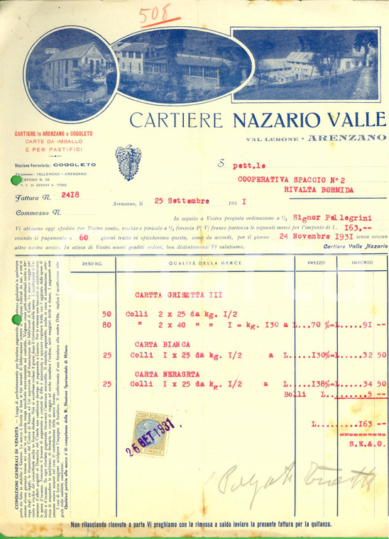 1931 ARENZANO (GE) Cartiere NAZARIO VALLE  - Fattura ILLUSTRATA per carta 