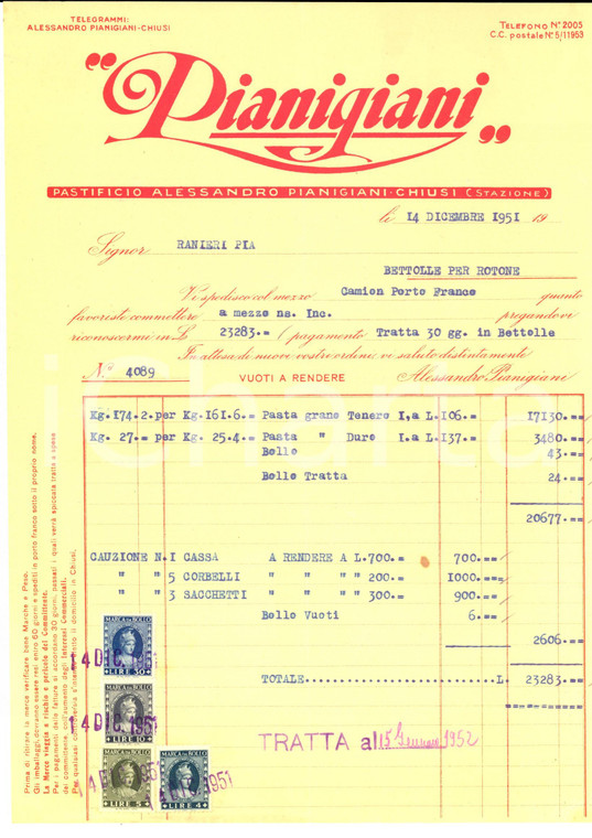 1951 CHIUSI (SI) Pastificio Alessandro PIANIGIANI *Fattura intestata