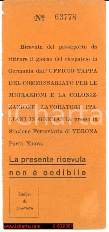 1943 (?) Lavor.italiani Germania, ricev.passaporto