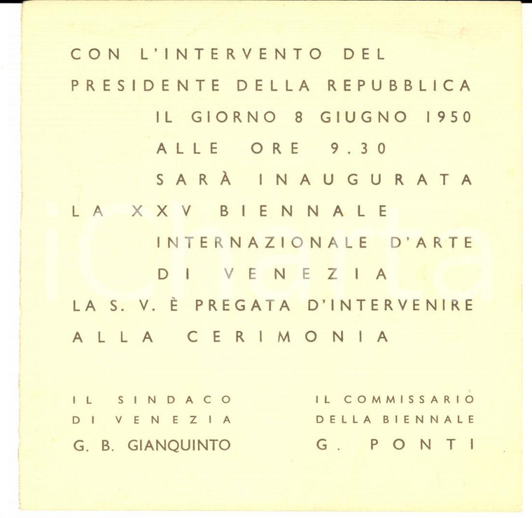1950 XXV BIENNALE DI VENEZIA Invito per l'inaugurazione 13x13 cm
