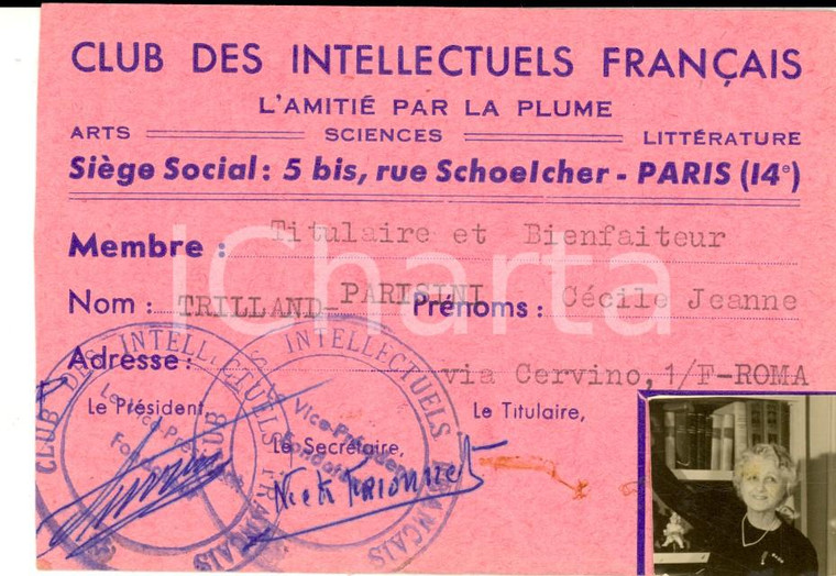 1960 ca PARIS Club des Intellectuels Français - Tessera Cécile TRILLAND-PARISINI