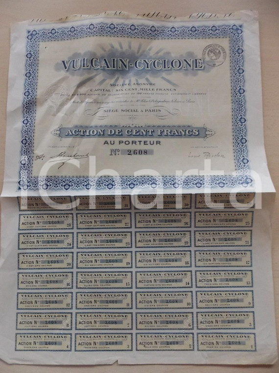 1935 ca PARIS Société Anonyme VULCAIN-CYCLONE Action cent francs *Certificat