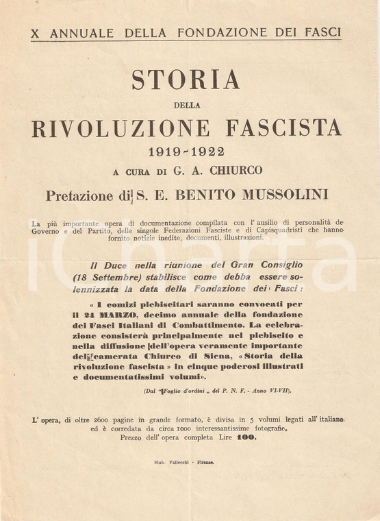 1929 ROMA Storia Rivoluzione Fascista pref. MUSSOLINI