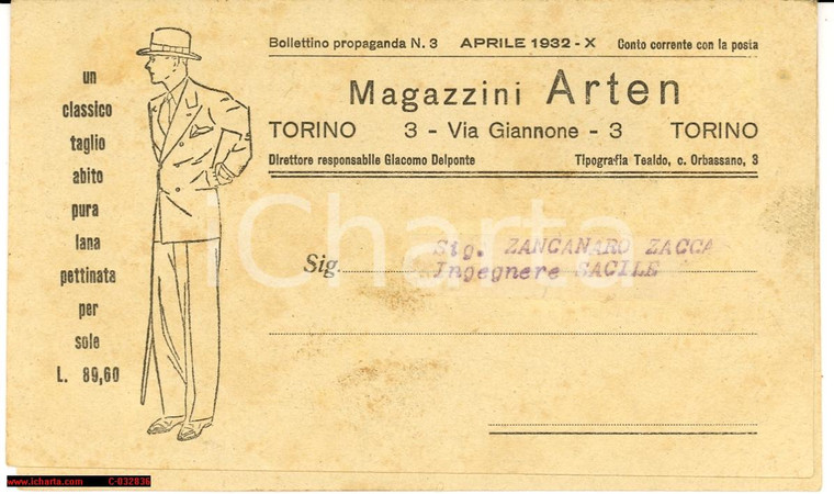 1932 Torino MAGAZZINI ARTEN cartolina pubblicit.
