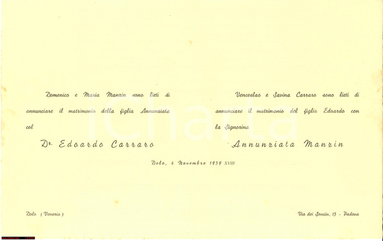 1939 DOLO (VE) Edoardo CARRARO Annunziata MANZIN annunciano matrimonio